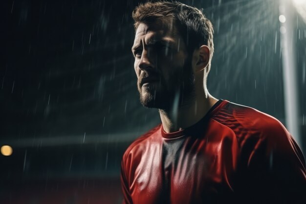 Jogador de futebol masculino em campo durante a chuva