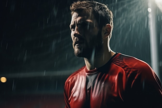 Jogador de futebol masculino em campo durante a chuva