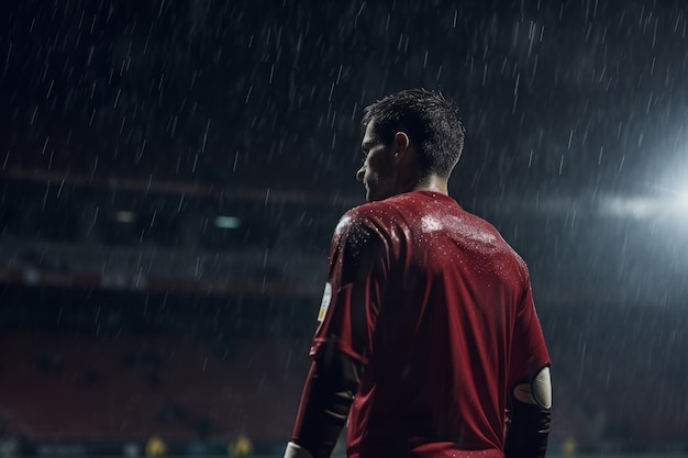 Jogador de futebol masculino em campo durante a chuva