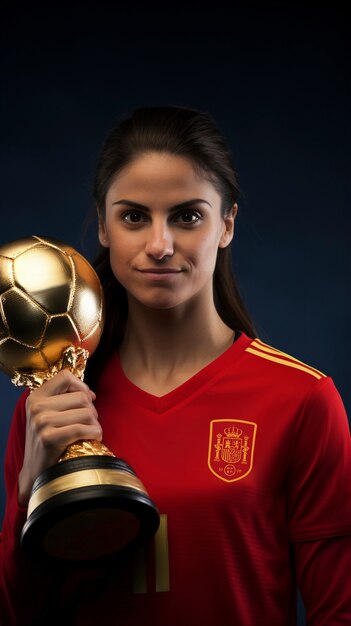 Jogadora de futebol espanhola com troféu da copa do mundo