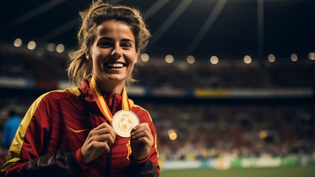 Jogadora de futebol espanhola feminina com medalha de ouro