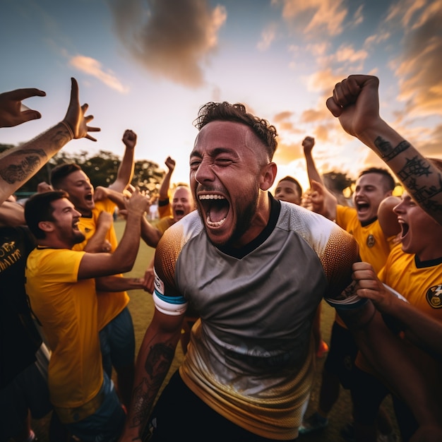 Jogadores de futebol se aconchegando e comemorando a vitória juntos