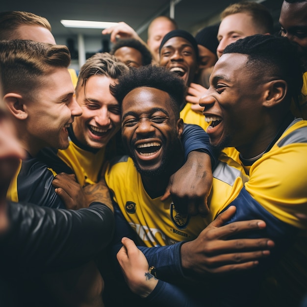 Foto grátis jogadores de futebol se aconchegando e comemorando a vitória juntos