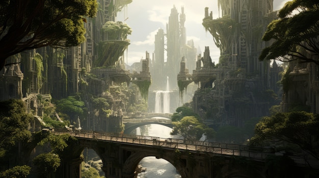 Jogo de vídeo mítico inspirado em paisagem com cidade