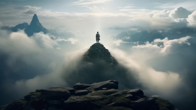 Jogo de vídeo mítico inspirado em paisagem com montanhas