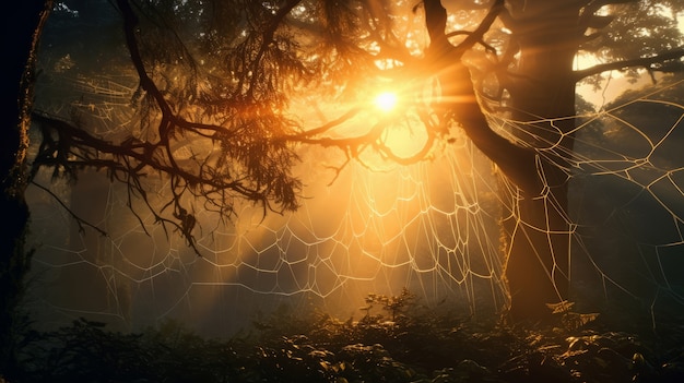 Foto grátis jogo de vídeo mítico inspirado em paisagem com natureza e teia de aranha