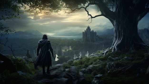 Foto grátis jogo de vídeo mítico inspirado em paisagens com humanos e natureza