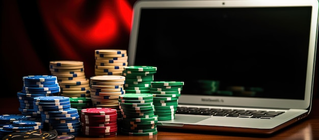 Jogos de azar de cassino on-line e conceito de apostas na internet com fichas e dados de pôquer de laptop