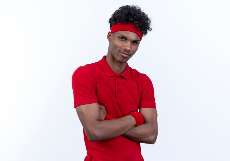Foto grátis jovem afro-americano alegre e esportivo usando bandana e pulseira, cruzando as mãos isoladas no fundo branco