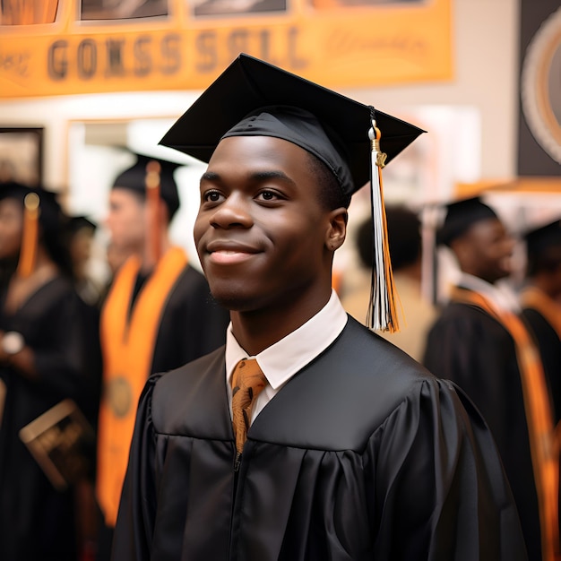 Foto grátis jovem afro-americano em vestidos de formatura e boné