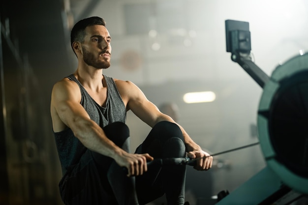 Jovem atlético usando máquina de remo durante o exercício no health club