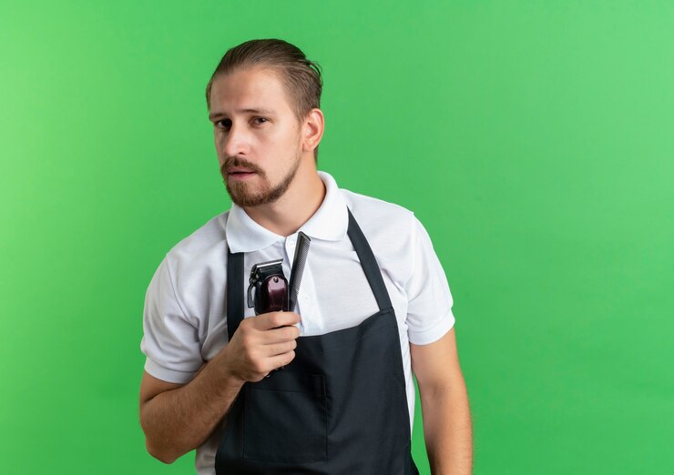 Foto grátis jovem barbeiro bonito confiante vestindo uniforme segurando o pente e uma tesoura de cabelo isolada no verde com espaço de cópia