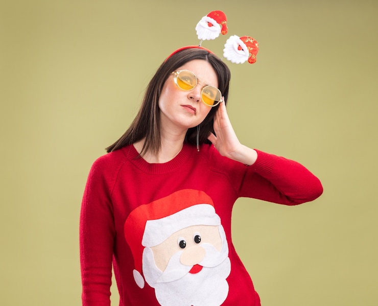 Foto grátis jovem bonita caucasiana confusa, vestindo blusa de papai noel e bandana com óculos tocando a cabeça, olhando para cima, isolado no fundo verde oliva