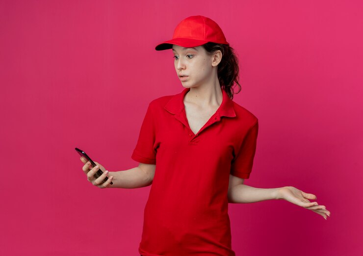 Foto grátis jovem, bonita, entregadora, impressionada, com uniforme vermelho e boné, segurando e olhando para o telefone celular e mostrando a mão vazia, isolada no fundo carmesim