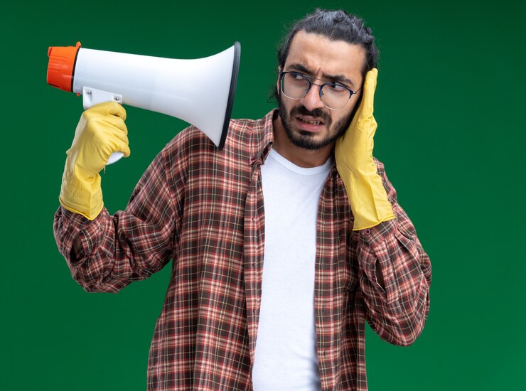 Foto grátis jovem, bonito, cara de limpeza preocupado, vestindo camiseta e luvas, segurando e olhando para o alto-falante coberto com a mão isolada na parede verde