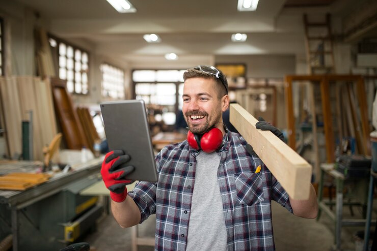 Foto grátis jovem carpinteiro profissional segurando material de madeira e olhando para um tablet na oficina de carpintaria