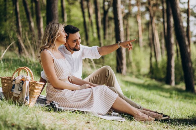 Jovem casal fazendo piquenique na floresta