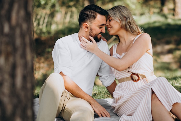 Jovem casal fazendo piquenique na floresta