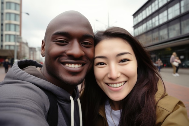 Foto grátis jovem casal feliz e surpreso expressão fundo da cidade