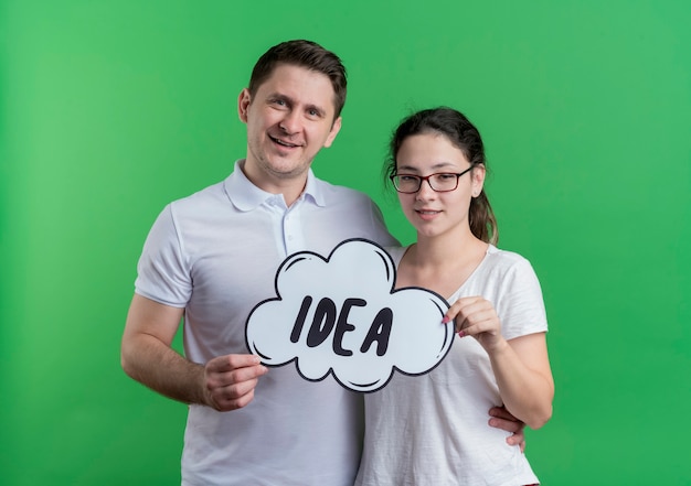 Jovem casal, homem e mulher, juntos, sorrindo, felizes e positivos, segurando um cartaz de bolha do discurso com a ideia da palavra sobre a parede verde