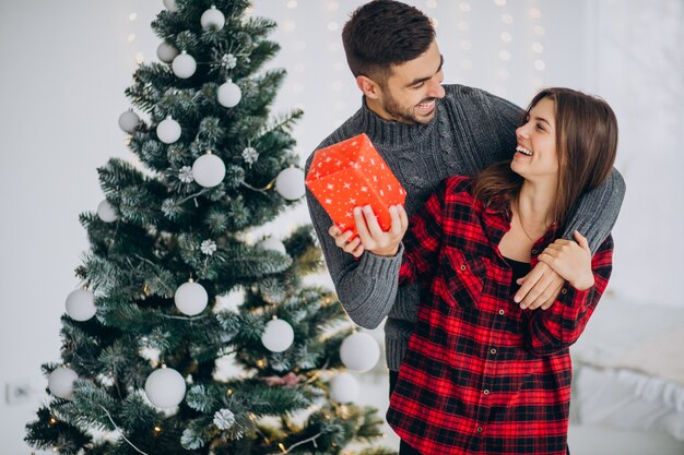 Jovem casal junto à árvore de Natal em casa