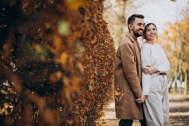 Jovem casal junto em um parque de outono