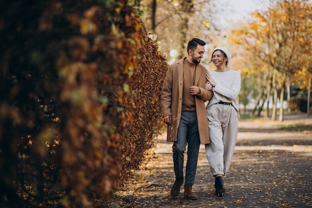 Jovem casal junto em um parque de outono