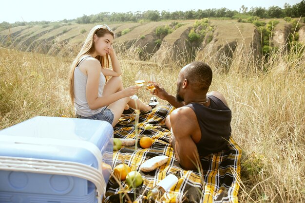 Jovem casal romântico internacional multiétnico ao ar livre no Prado em um dia ensolarado de verão. Homem afro-americano e mulher caucasiana fazendo piquenique juntos. Conceito de relacionamento, verão.