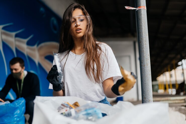 Foto grátis jovem classificando o lixo. conceito de reciclagem. desperdício zero