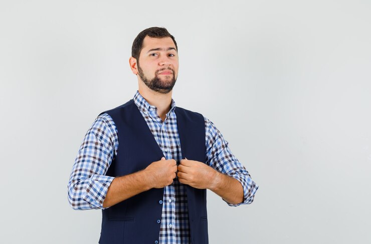 Foto grátis jovem com camisa, colete segurando a gola do colete e parecendo confiante, vista frontal.