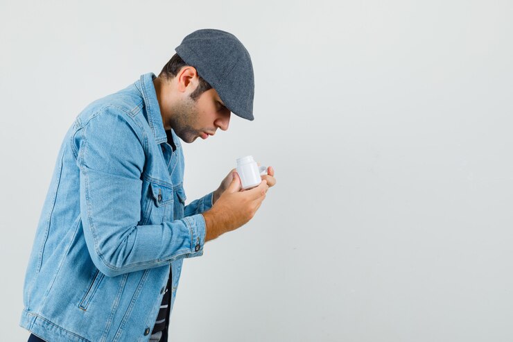 Foto grátis jovem com casaco, boné, olhando para dentro do frasco de comprimidos e procurando um espaço atento para o texto