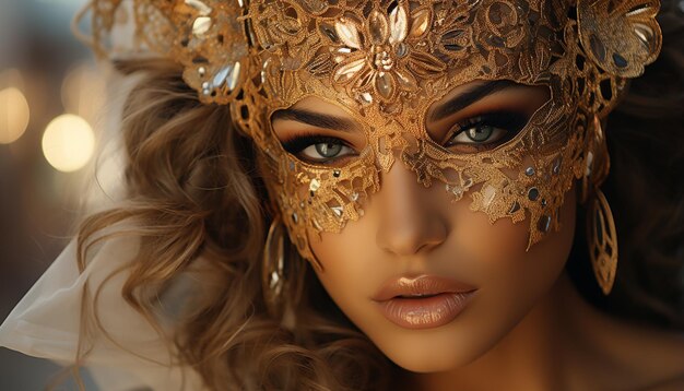Jovem com máscara dourada exala glamour e sensualidade gerada por inteligência artificial