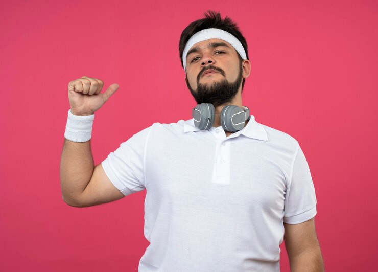 Foto grátis jovem confiante e esportivo usando bandana e pulseira com fones de ouvido apontando para si mesmo