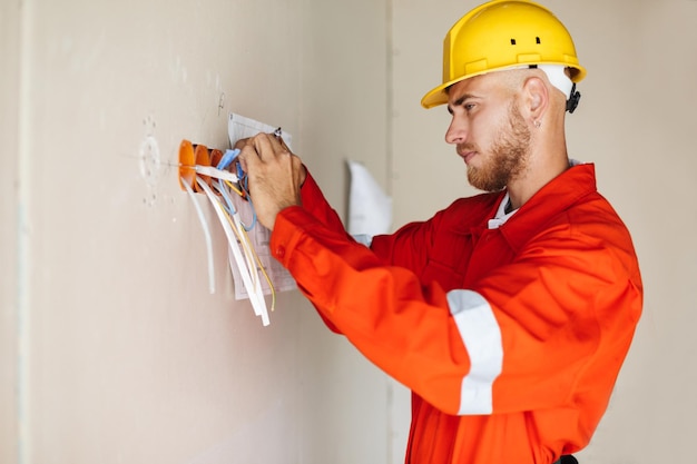Foto grátis jovem construtor em roupas de trabalho laranja e capacete amarelo trabalhando pensativamente com fios fazendo reparo de apartamento
