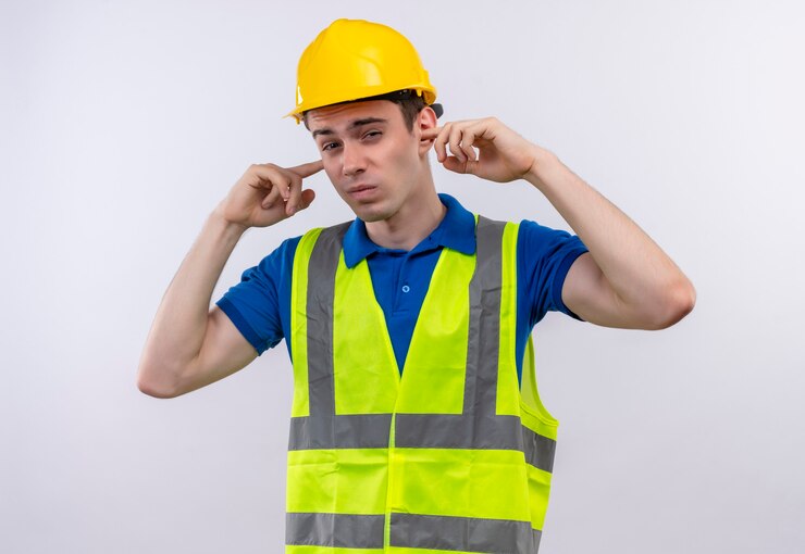 Foto grátis jovem construtor vestindo uniforme de construção e capacete de segurança cobrindo as orelhas com os dedos