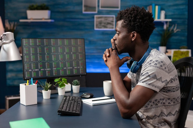 Foto grátis jovem corretor afro-americano, analisando a bolsa de valores, verificando a estratégia de investimento financeiro. comerciante de homem monitorando em criptografia ganhando trabalhando remotamente de casa. valor comercial global