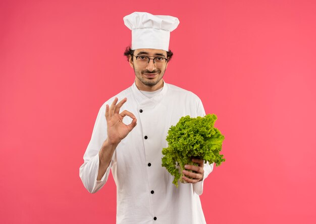 Jovem cozinheiro satisfeito vestindo uniforme de chef e óculos, segurando uma salada e mostrando um gesto de ok isolado na parede rosa