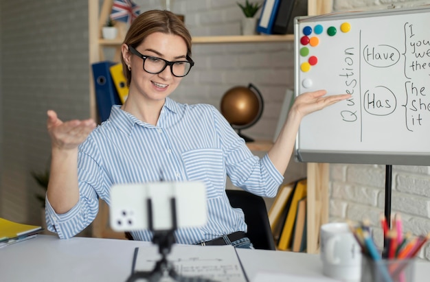 Jovem dando aos alunos uma aula de inglês online