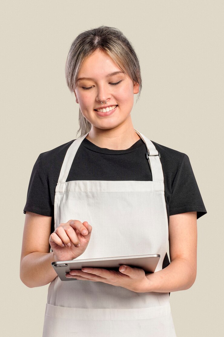Foto grátis jovem de avental usando tablet