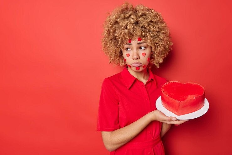Foto grátis jovem de cabelos encaracolados chateada tem expressão triste segura bolo de coração olha para longe usa vestido se sente solitário no dia dos namorados isolado sobre fundo vermelho espaço em branco para o seu conteúdo promocional