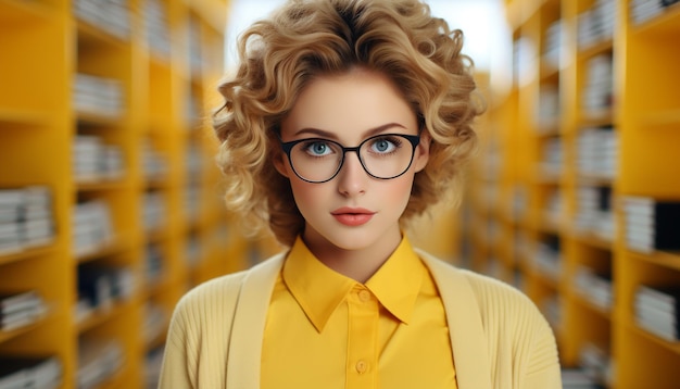 Jovem de cabelos loiros olhando para câmera em biblioteca gerada por inteligência artificial