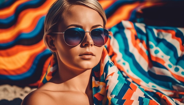 Jovem de óculos de sol exala sensualidade de verão gerada por IA