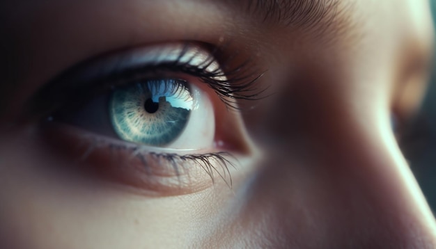 Jovem de olhos azuis reflete sobre a beleza e elegância da saúde gerada pela IA