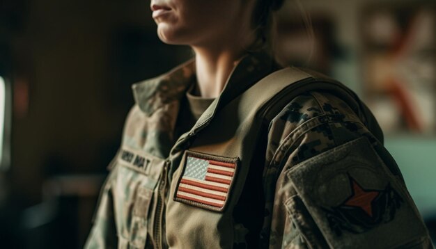 Jovem de uniforme militar mostra patriotismo gerado por IA