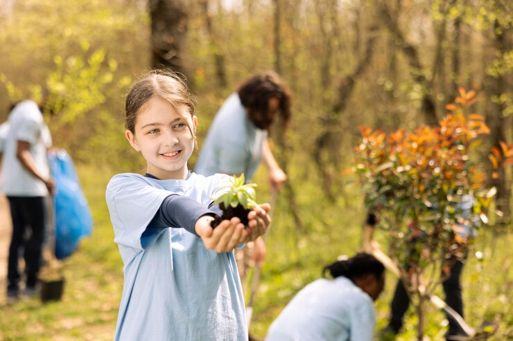 Foto grátis jovem defendendo a conservação dos ecossistemas florestais segurando mudas