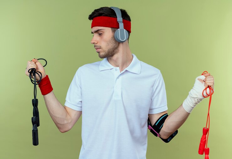Foto grátis jovem desportivo com uma faixa na cabeça com fones de ouvido e uma pulseira de smartphone segurando cordas de pular, parecendo incerto sobre o verde