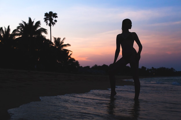 Jovem e bela mulher magra em pé na praia ao amanhecer, férias tropicais, palmeiras, silhueta, sexy, sensual, ondas do mar, céu colorido