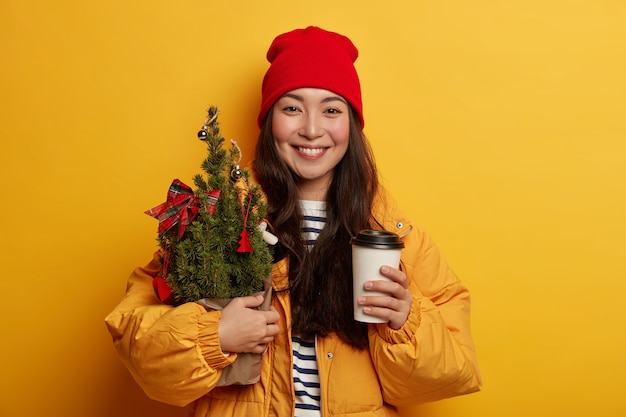 Jovem e linda mulher segurando enfeites de natal