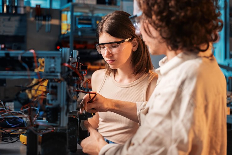 Foto grátis jovem e mulher em óculos de proteção fazendo experimentos em robótica em um robô de laboratório
