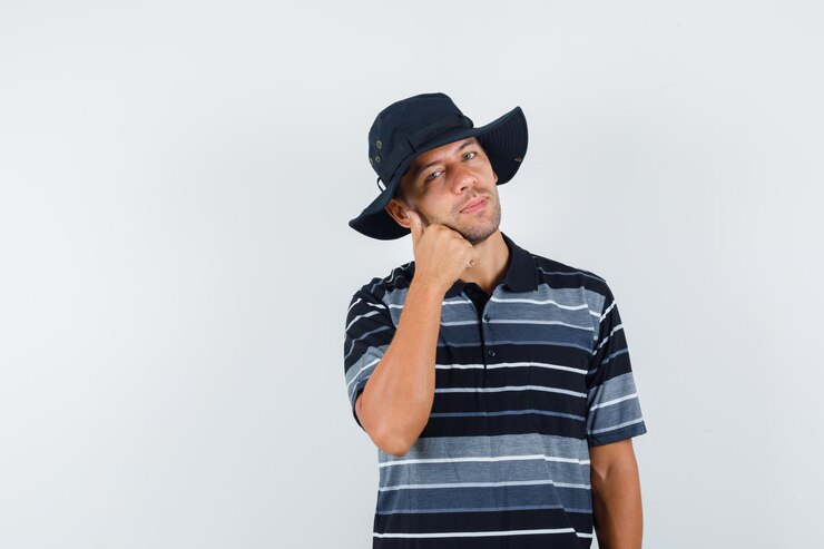 Foto grátis jovem em t-shirt, chapéu aparecendo o polegar perto da bochecha e olhando alegre, vista frontal.
